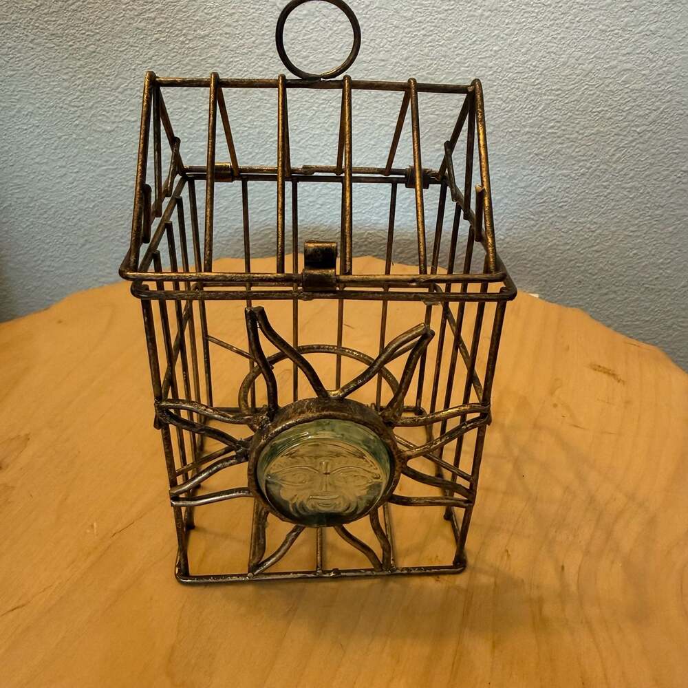Vintage Metal Birdcage Candle Holder with Glass Sun Face